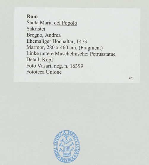 Rückseite von Vasari [https://www.deutsche-digitale-bibliothek.de/content/lizenzen/rv-ez/] Ehemaliger HochaltarLinke untere Muschelnische: Petrusstatue - Detail, Kopf, bh534655_recto. Foto.