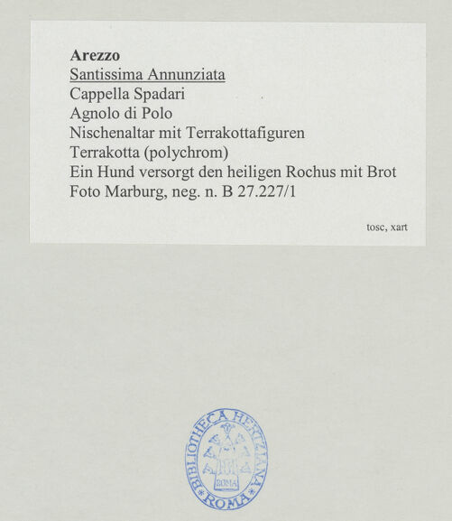 Rückseite von Foto Marburg [https://www.deutsche-digitale-bibliothek.de/content/lizenzen/rv-ez/] Nischenaltar mit TerrakottafigurenSchmerzensmann sowie Szenen aus dem Leben der Heiligen Franziskus und Rochus - Ein Hund versorgt den heiligen Rochus mit Brot, bh535107_recto. Foto: Gloc, Jan.