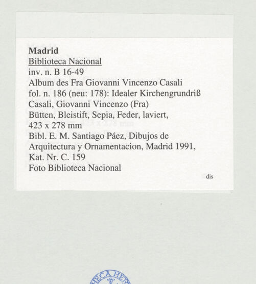 Rückseite von Biblioteca Nacional [https://www.deutsche-digitale-bibliothek.de/content/lizenzen/rv-ez/] Album des Fra Giovanni Vincenzo CasaliIdealer Kirchengrundriss - , bh535244_recto. Foto.