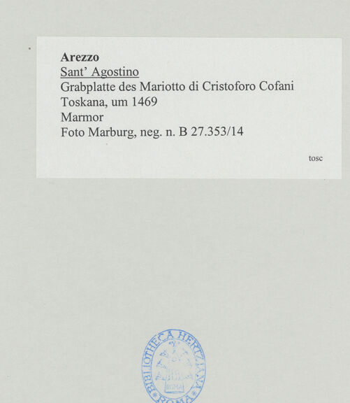 Rückseite von Foto Marburg [https://www.deutsche-digitale-bibliothek.de/content/lizenzen/rv-ez/] Grabplatte des Mariotto di Cristoforo Cofani - Gesamtansicht, bh535567_recto. Foto: Haag, Paul.