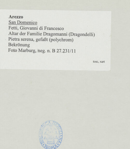 Rückseite von Foto Marburg [https://www.deutsche-digitale-bibliothek.de/content/lizenzen/rv-ez/] Altar der Familie Dragomanni (oder Dragondelli)Altarrahmen mit Altar - Bekrönung mit Verkündigung und Wappen der Familie Dragomanni, bh535767_recto. Foto: Haag, Paul.