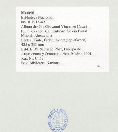 Rückseite von Biblioteca Nacional [https://www.deutsche-digitale-bibliothek.de/content/lizenzen/rv-ez/] Album des Fra Giovanni Vincenzo CasaliEntwurf für ein Portal - , bh536437_recto. Foto.