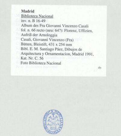 Rückseite von Biblioteca Nacional [https://www.deutsche-digitale-bibliothek.de/content/lizenzen/rv-ez/] Album des Fra Giovanni Vincenzo CasaliFlorenz, Uffizien, Aufriss der Arnologgia - , bh536438_recto. Foto.