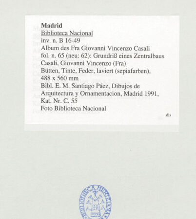 Rückseite von Biblioteca Nacional [https://www.deutsche-digitale-bibliothek.de/content/lizenzen/rv-ez/] Album des Fra Giovanni Vincenzo CasaliGrundriss eines Zentralbaus - , bh536439_recto. Foto.