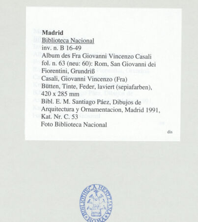 Rückseite von Biblioteca Nacional [https://www.deutsche-digitale-bibliothek.de/content/lizenzen/rv-ez/] Album des Fra Giovanni Vincenzo CasaliRom, San Giovanni dei Fiorentini, Grundriss - , bh536440_recto. Foto.