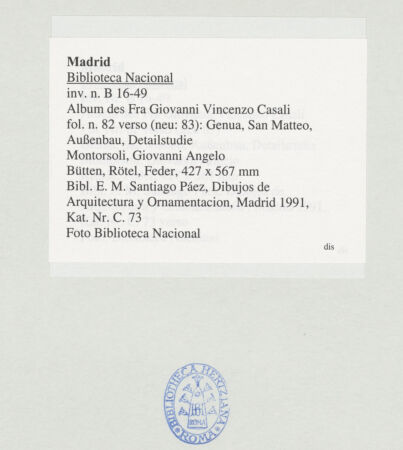 Rückseite von Biblioteca Nacional [https://www.deutsche-digitale-bibliothek.de/content/lizenzen/rv-ez/] Album des Fra Giovanni Vincenzo CasaliGenua, San Matteo, Außenbau, Detailstudie - , bh536463_recto. Foto.
