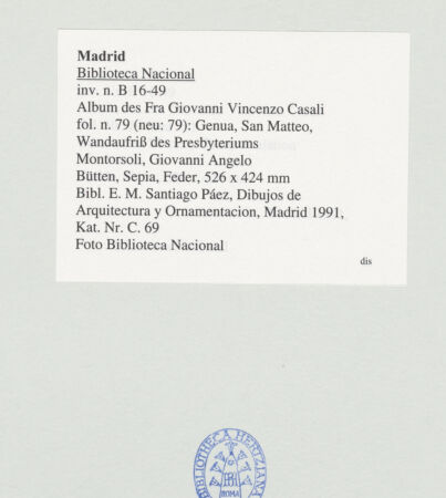 Rückseite von Biblioteca Nacional [https://www.deutsche-digitale-bibliothek.de/content/lizenzen/rv-ez/] Album des Fra Giovanni Vincenzo CasaliGenua, San Matteo, Wandaufriss des Presbyteriums - , bh536469_recto. Foto.