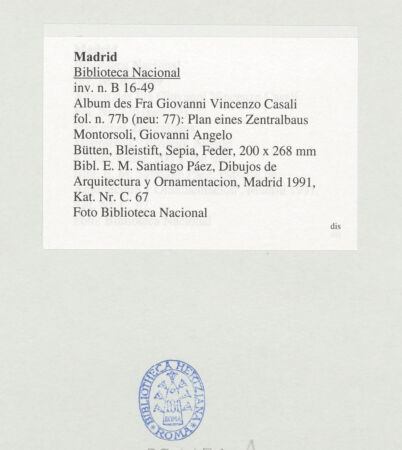 Rückseite von Biblioteca Nacional [https://www.deutsche-digitale-bibliothek.de/content/lizenzen/rv-ez/] Album des Fra Giovanni Vincenzo CasaliPlan eines Zentralbaus - , bh536471_recto. Foto.