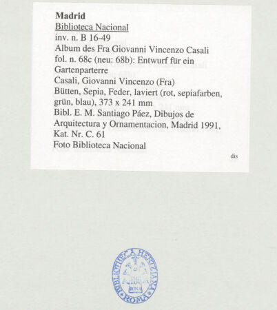 Rückseite von Biblioteca Nacional [https://www.deutsche-digitale-bibliothek.de/content/lizenzen/rv-ez/] Album des Fra Giovanni Vincenzo CasaliEntwurf für ein Gartenparterre - , bh536477_recto. Foto.