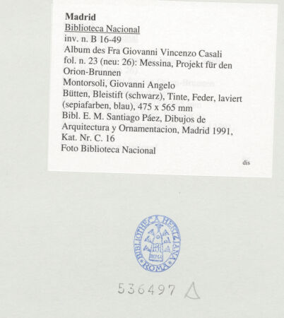 Rückseite von Biblioteca Nacional [https://www.deutsche-digitale-bibliothek.de/content/lizenzen/rv-ez/] Album des Fra Giovanni Vincenzo CasaliMessina, Projekt für den Orion-Brunnen - , bh536497_recto. Foto.