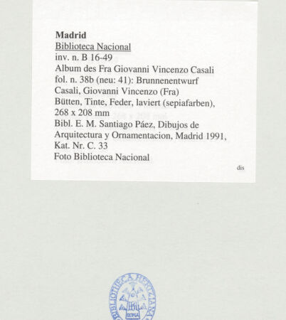 Rückseite von Biblioteca Nacional [https://www.deutsche-digitale-bibliothek.de/content/lizenzen/rv-ez/] Album des Fra Giovanni Vincenzo CasaliBrunnenentwurf - , bh536505_recto. Foto.