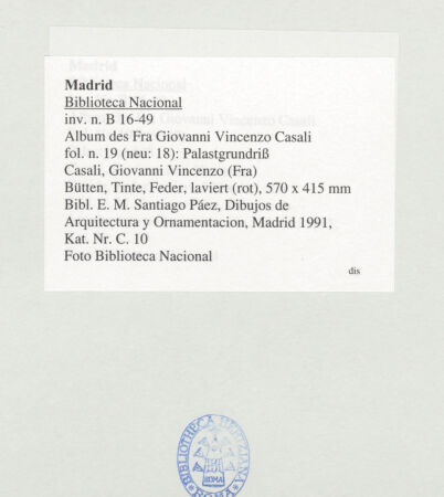 Rückseite von Biblioteca Nacional [https://www.deutsche-digitale-bibliothek.de/content/lizenzen/rv-ez/] Album des Fra Giovanni Vincenzo CasaliPalastgrundriss - , bh536508_recto. Foto.