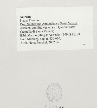 Rückseite von Foto Marburg [https://www.deutsche-digitale-bibliothek.de/content/lizenzen/rv-ez/] DuomoSüdfassade - Ansicht von Südwesten (am Querhausarm: Cappella di Santa Venera), bh537196_recto. Foto: Fenchel, Horst.