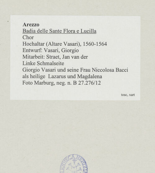 Rückseite von Foto Marburg [https://www.deutsche-digitale-bibliothek.de/content/lizenzen/rv-ez/] Hochaltar (Altare Vasari)Linke SchmalseiteGiorgio Vasari und seine Frau Niccolosa Bacci als Heilige Lazarus und Magdalena; Caritas - Gesamtansicht, bh537995_recto. Foto: Gloc, Jan.