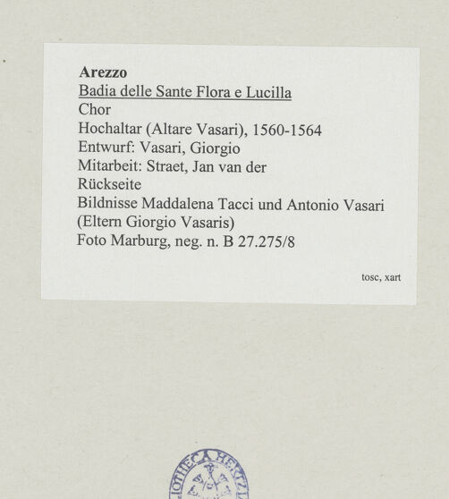 Rückseite von Foto Marburg [https://www.deutsche-digitale-bibliothek.de/content/lizenzen/rv-ez/] Hochaltar (Altare Vasari)Rückseite - Bildnisse Maddalena Tacci und Antonio Vasari (Eltern Giorgio Vasaris), bh537996_recto. Foto: Gloc, Jan.