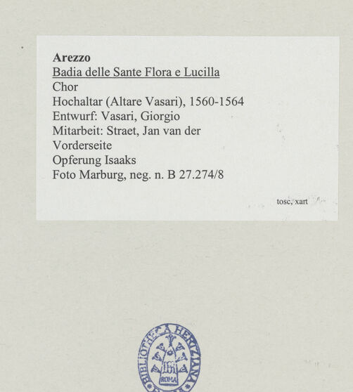 Rückseite von Foto Marburg [https://www.deutsche-digitale-bibliothek.de/content/lizenzen/rv-ez/] Hochaltar (Altare Vasari)Vorderseite - Opferung Isaaks, bh538007_recto. Foto: Gloc, Jan.