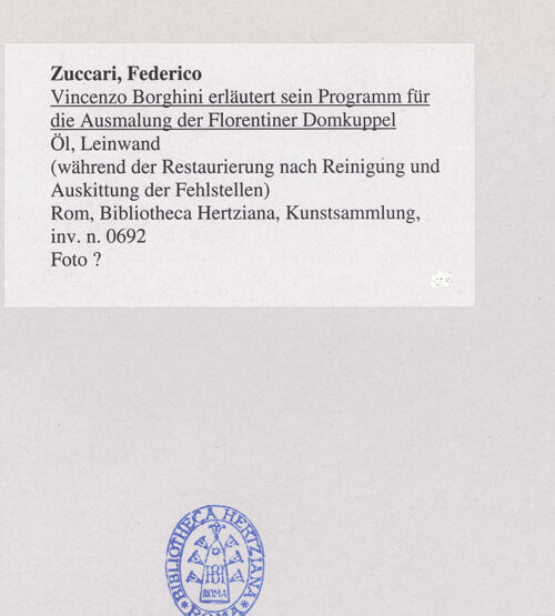 Rückseite von unbekannt [https://www.deutsche-digitale-bibliothek.de/content/lizenzen/rv-fz/] Benedetto Busini erläutert Federico Zuccari im Beisein einer Frau sein Programm für die Ausmalung der Florentiner Domkuppel - während der Restaurierung (1960?) nach Reinigung und Auskittung der Fehlstellen, bh540413_recto. Foto.