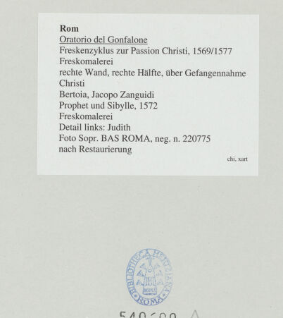 Rückseite von Sopr. BAS ROMA [https://www.deutsche-digitale-bibliothek.de/content/lizenzen/rv-ez/] Freskenzyklus zur Passion ChristiProphet und Sibylle - Detail links: Judith, bh540600_recto. Foto.