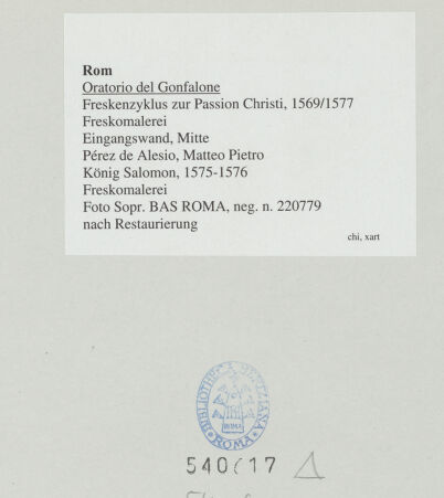 Rückseite von Sopr. BAS ROMA [https://www.deutsche-digitale-bibliothek.de/content/lizenzen/rv-ez/] Freskenzyklus zur Passion ChristiKönig Salomon - , bh540617_recto. Foto.