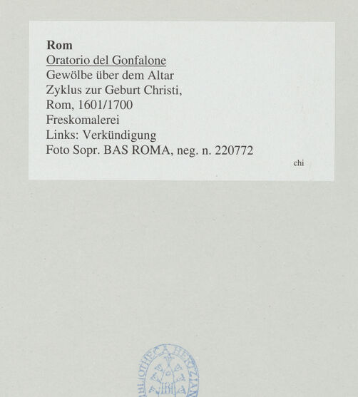 Rückseite von Sopr. BAS ROMA [https://rightsstatements.org/page/CNE/1.0/] Zyklus zur Geburt Christi - Links: Verkündigung, bh540643_recto. Foto.