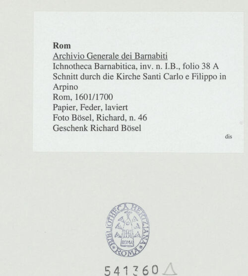 Rückseite von Bösel, Richard [https://www.deutsche-digitale-bibliothek.de/content/lizenzen/rv-ez/] Schnitt durch die Kirche Santi Carlo e Filippo in Arpino - , bh541360_recto. Foto.