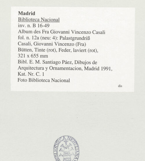 Rückseite von Biblioteca Nacional [https://www.deutsche-digitale-bibliothek.de/content/lizenzen/rv-ez/] Album des Fra Giovanni Vincenzo CasaliPalastgrundriss - , bh542165_recto. Foto.