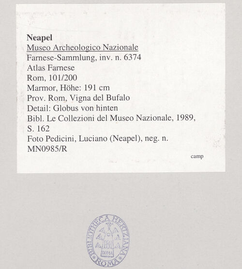 Rückseite von Pedicini, Luciano [https://www.deutsche-digitale-bibliothek.de/content/lizenzen/rv-ez/] Atlas Farnese (Atlante Farnese) - Detail: Globus von hinten, bh544537_recto. Foto: Pedicini, Luciano.