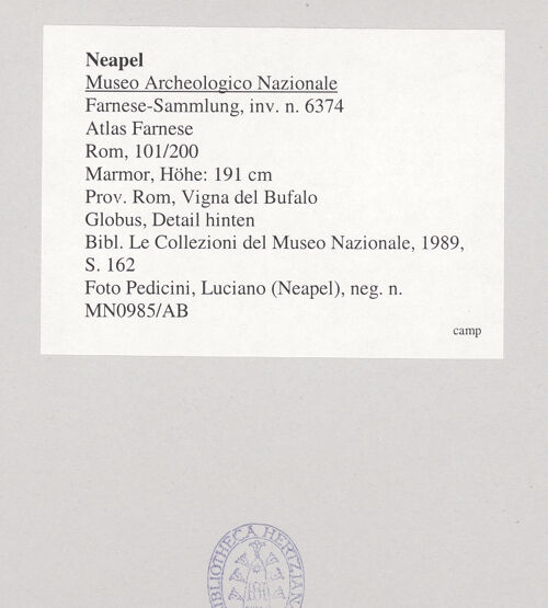 Rückseite von Pedicini, Luciano [https://www.deutsche-digitale-bibliothek.de/content/lizenzen/rv-ez/] Atlas Farnese (Atlante Farnese) - Globus, Detail hinten, bh544541_recto. Foto: Pedicini, Luciano.