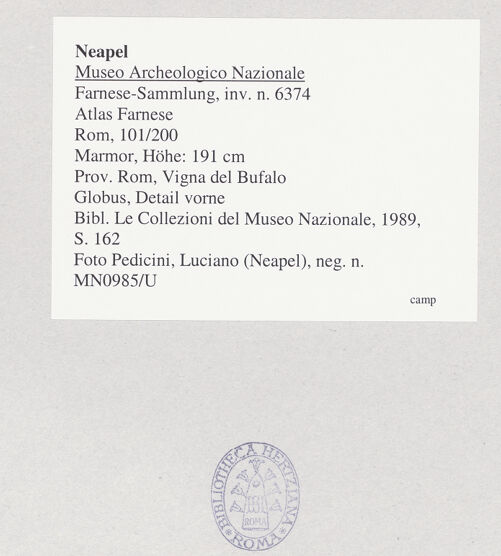 Rückseite von Pedicini, Luciano [https://www.deutsche-digitale-bibliothek.de/content/lizenzen/rv-ez/] Atlas Farnese (Atlante Farnese) - Globus, Detail vorne, bh544544_recto. Foto: Pedicini, Luciano.