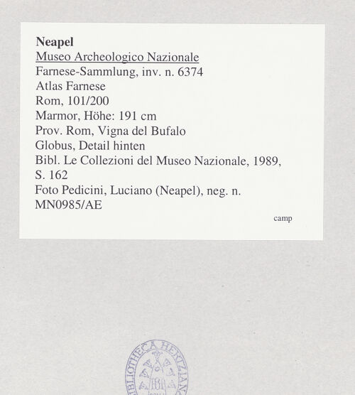 Rückseite von Pedicini, Luciano [https://www.deutsche-digitale-bibliothek.de/content/lizenzen/rv-ez/] Atlas Farnese (Atlante Farnese) - Globus, Detail hinten, bh544552_recto. Foto: Pedicini, Luciano.