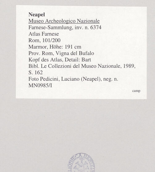 Rückseite von Pedicini, Luciano [https://www.deutsche-digitale-bibliothek.de/content/lizenzen/rv-ez/] Atlas Farnese (Atlante Farnese) - Kopf des Atlas, Detail: Bart, bh544561_recto. Foto: Pedicini, Luciano.