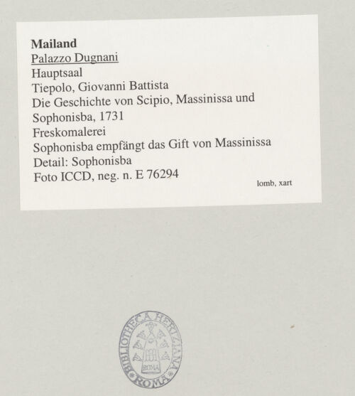 Rückseite von ICCD [https://www.deutsche-digitale-bibliothek.de/content/lizenzen/rv-ez/] Die Geschichte von Scipio, Massinissa und SophonisbaSophonisbe empfängt das Gift von Massinissa - Detail: Sophonisbe, bh545386_recto. Foto.