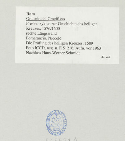 Rückseite von ICCD [https://www.deutsche-digitale-bibliothek.de/content/lizenzen/rv-ez/] Szenen aus der Geschichte des heiligen Kreuzes und des OratoriumsDie Prüfung des heiligen Kreuzes - , bh545521_recto. Foto.