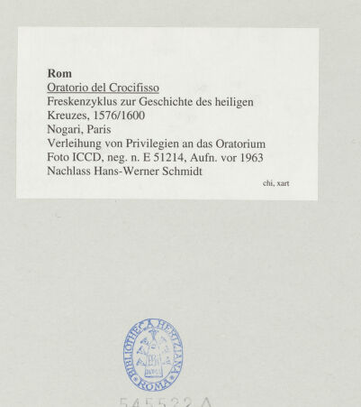 Rückseite von ICCD [https://www.deutsche-digitale-bibliothek.de/content/lizenzen/rv-ez/] Szenen aus der Geschichte des heiligen Kreuzes und des OratoriumsVerleihung von Privilegien an das Oratorium - , bh545522_recto. Foto.