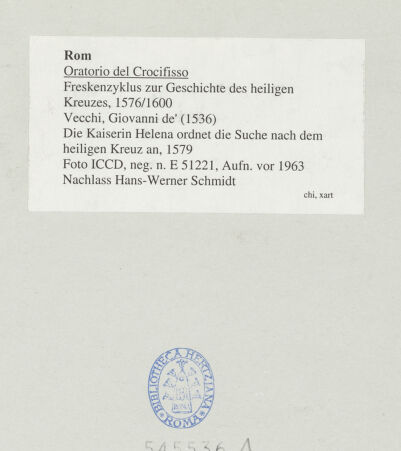 Rückseite von ICCD [https://www.deutsche-digitale-bibliothek.de/content/lizenzen/rv-ez/] Szenen aus der Geschichte des heiligen Kreuzes und des OratoriumsDie Kaiserin Helena ordnet die Suche nach dem heiligen Kreuz an - , bh545536_recto. Foto.