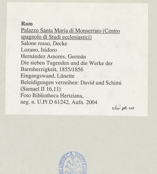 Rückseite von Bibliotheca Hertziana [https://www.deutsche-digitale-bibliothek.de/content/lizenzen/rv-fz/] Die sieben Tugenden und die Werke der BarmherzigkeitBeleidigungen verzeihen: David und Schimi (Samuel II 16,11) - , bh545552_recto. Foto.