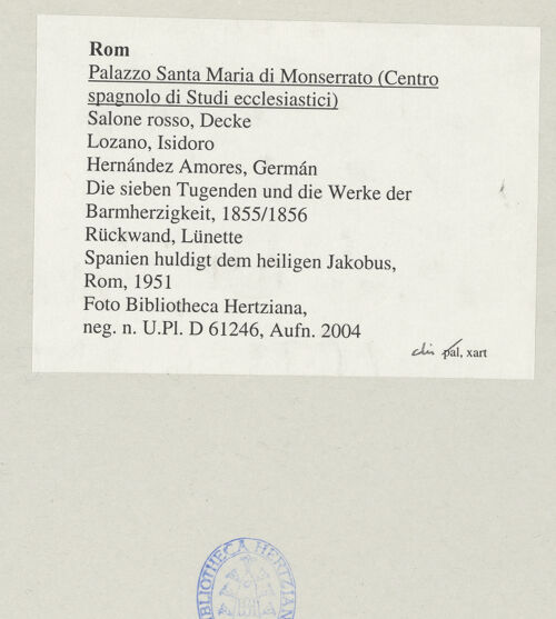 Rückseite von Bibliotheca Hertziana [https://www.deutsche-digitale-bibliothek.de/content/lizenzen/rv-fz/] Die sieben Tugenden und die Werke der BarmherzigkeitSpanien huldigt dem heiligen Jakobus - , bh545554_recto. Foto.