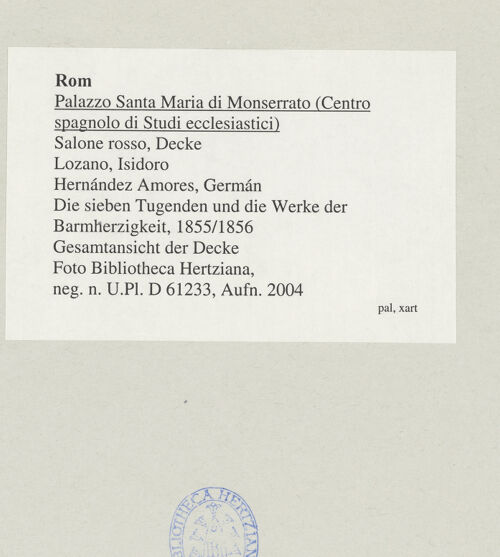 Rückseite von Bibliotheca Hertziana [https://www.deutsche-digitale-bibliothek.de/content/lizenzen/rv-fz/] Die sieben Tugenden und die Werke der Barmherzigkeit - Gesamtansicht der Decke, bh545569_recto. Foto.