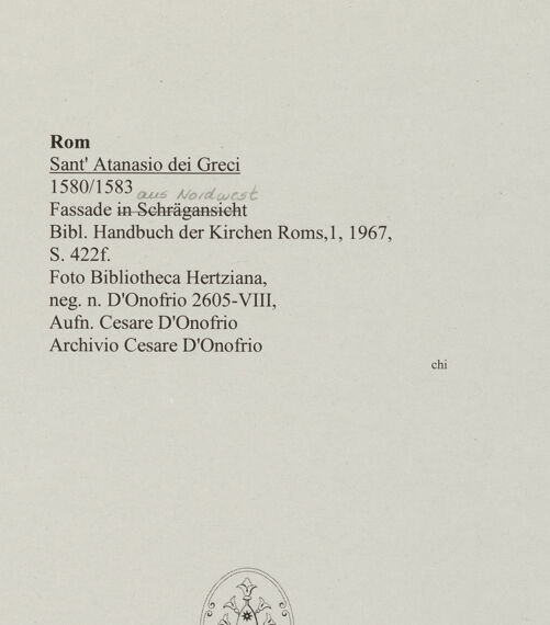 Rückseite von Bibliotheca Hertziana [https://www.deutsche-digitale-bibliothek.de/content/lizenzen/rv-fz/] Sant'Atanasio dei Greci - Fassade aus Nordwest (Gesamtansicht), bh548293_recto. Foto: D'Onofrio, Cesare.