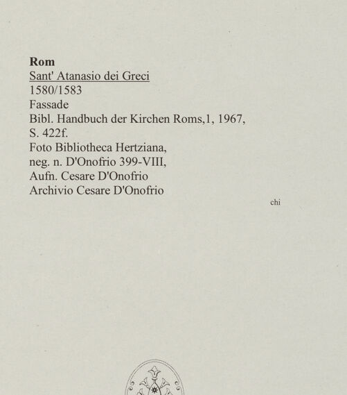 Rückseite von Bibliotheca Hertziana [https://www.deutsche-digitale-bibliothek.de/content/lizenzen/rv-fz/] Sant'Atanasio dei Greci - Fassade, bh548299_recto. Foto: D'Onofrio, Cesare.