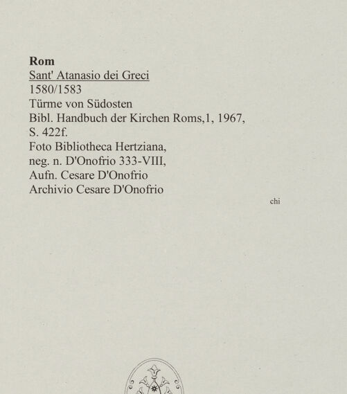 Rückseite von Bibliotheca Hertziana [https://www.deutsche-digitale-bibliothek.de/content/lizenzen/rv-fz/] Sant'Atanasio dei Greci - Fassadentürme aus Südost, bh548308_recto. Foto: D'Onofrio, Cesare.