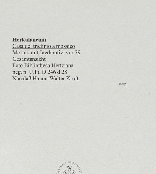 Rückseite von Bibliotheca Hertziana [https://www.deutsche-digitale-bibliothek.de/content/lizenzen/rv-fz/] Mosaik mit Jagdmotiv - Gesamtansicht, bh548331_recto. Foto: Kruft, Hanno-Walter.