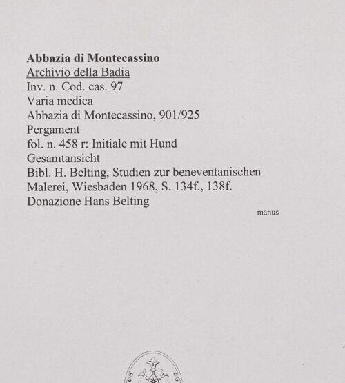 Rückseite von unbekannt [https://www.deutsche-digitale-bibliothek.de/content/lizenzen/rv-fz/] Varia medica (Herbarium, Herbarium Apuleii Platonici, De herbarum virtutibus)Initiale mit Hund - Gesamtansicht, bh549897_recto. Foto.