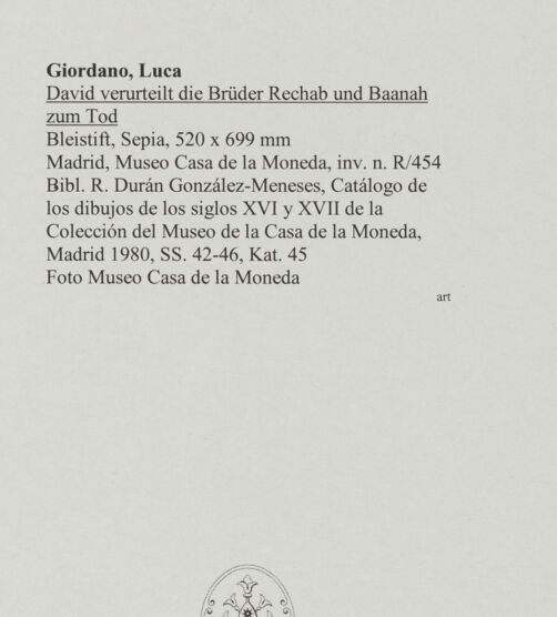 Rückseite von Museo Casa de la Moneda [https://www.deutsche-digitale-bibliothek.de/content/lizenzen/rv-ez/] David verurteilt die Brüder Rechab und Baanah zum Tod - , bh550035_recto. Foto.