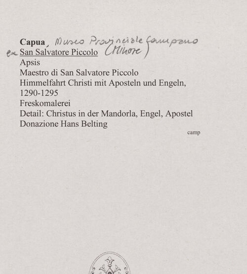 Rückseite von unbekannt [https://www.deutsche-digitale-bibliothek.de/content/lizenzen/rv-fz/] Himmelfahrt Christi mit Maria, Aposteln und Engeln - Detail: Engel und Christus in der Mandorla (oben); Apostel, Engel und Maria (unten; vor der Übertragung), bh551235_recto. Foto.