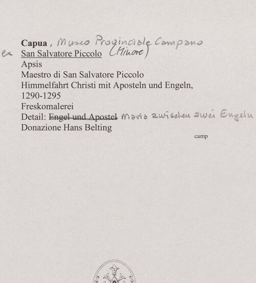 Rückseite von unbekannt [https://www.deutsche-digitale-bibliothek.de/content/lizenzen/rv-fz/] Himmelfahrt Christi mit Maria, Aposteln und Engeln - Detail: Maria zwischen zwei Engeln (vor der Übertragung), bh551236_recto. Foto.