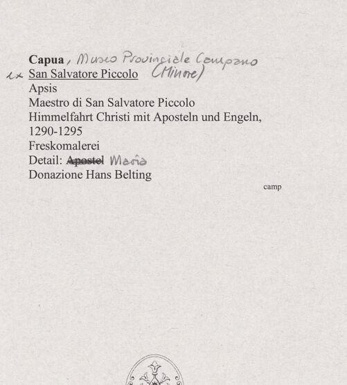 Rückseite von unbekannt [https://www.deutsche-digitale-bibliothek.de/content/lizenzen/rv-fz/] Himmelfahrt Christi mit Maria, Aposteln und Engeln - Detail: Maria (vor der Übertragung), bh551237_recto. Foto.