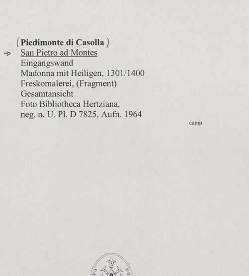 Rückseite von Bibliotheca Hertziana [https://www.deutsche-digitale-bibliothek.de/content/lizenzen/rv-fz/] WanddekorationMadonna Lactans zwischen den heiligen Johannes dem Täufer und Antonius Abbas - Gesamtansicht, bh551484_recto. Foto.