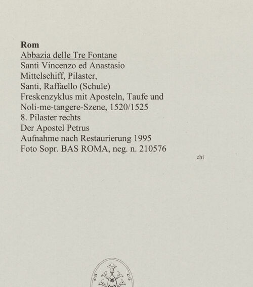 Rückseite von Sopr. BAS ROMA [https://www.deutsche-digitale-bibliothek.de/content/lizenzen/rv-ez/] Freskenzyklus mit Aposteln, Taufe und Noli-me-tangere-SzeneDer Apostel Petrus - , bh552566_recto. Foto.