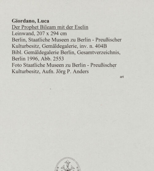 Rückseite von Staatliche Museen zu Berlin - Preußischer Kulturbesitz [https://www.deutsche-digitale-bibliothek.de/content/lizenzen/rv-ez/] Der Prophet Bileam mit der Eselin - , bh554891_recto. Foto: Anders, Jörg P..